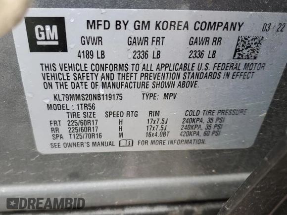 2022 Chevrolet TrailBlazer LS with VIN KL79MMS20NB119175, listed as a Copart auction lot 45874395 with Not Provided miles and Non Repairable. Bid and sale history available at DreamBid. Image 12.