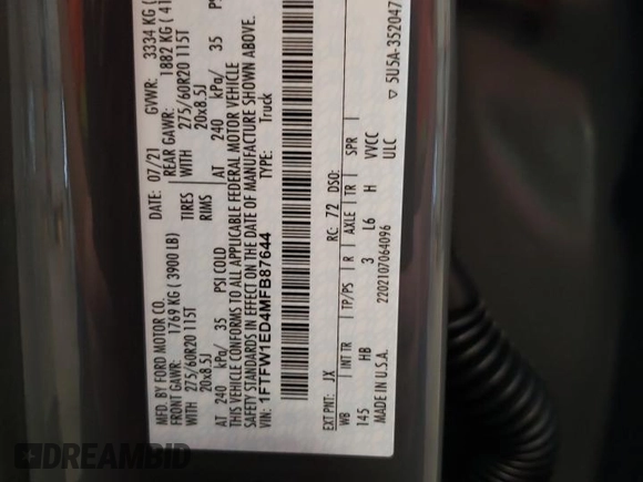 2021 Ford F-150 XL z VIN 1FTFW1ED4MFB87644, wystawiony jako Copart lot #62182635 z przebiegiem 64 208 mil mil oraz Szkoda całkowita • Salvage title. Historia ofert i sprzedaży dostępna na DreamBid. Obrazek 12.