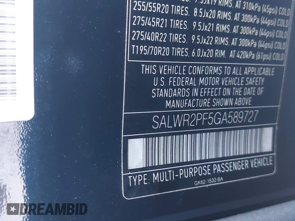 2016 Land Rover Range Rover Sport HSE with VIN SALWR2PF5GA589727, listed as a IAAI auction lot 42075143 with 68,993 mi miles and . Bid and sale history available at DreamBid. Image 9.