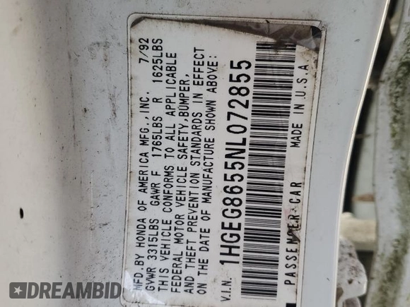 1992 Honda Civic z VIN 1HGEG8655NL072855, wystawiony jako Copart lot #53255425 z przebiegiem 217 200 mil mil oraz Czysty tytuł • Clean title. Historia ofert i sprzedaży dostępna na DreamBid. Obrazek 12.