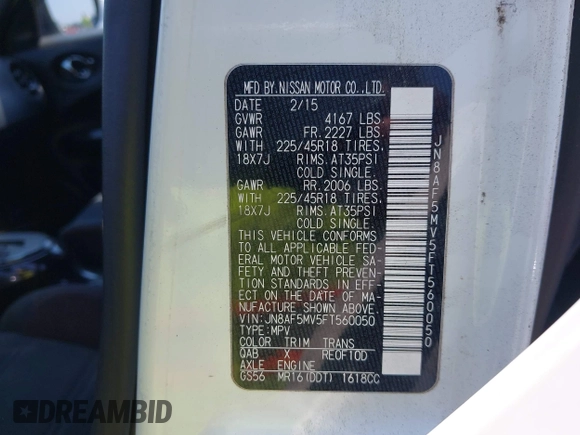 2015 Nissan Juke SL with VIN JN8AF5MV5FT560050, listed as a IAAI auction lot 42581336 with 132,426 mi miles and . Bid and sale history available at DreamBid. Image 9.