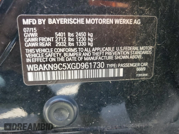 2016 BMW 5 Series 550i with VIN WBAKN9C5XGD961730, listed as a Copart auction lot 58426485 with 156,154 mi miles and Clean title. Bid and sale history available at DreamBid. Image 12.