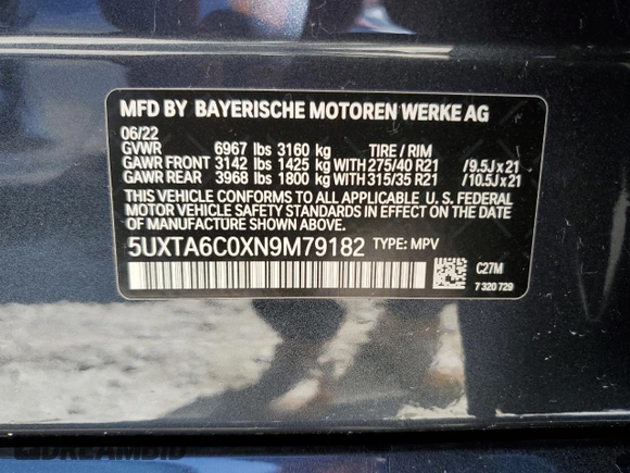 2022 BMW X5 xDrive45e with VIN 5UXTA6C0XN9M79182, listed as a Copart auction lot 48599195 with 31,219 mi miles and Salvage Title. Bid and sale history available at carsss.com. Image 14.