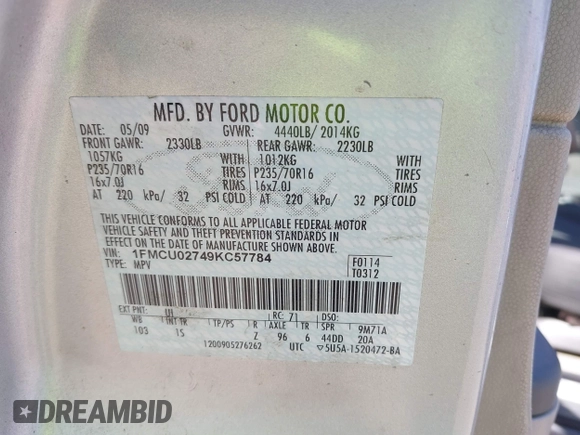 2009 Ford Escape XLS with VIN 1FMCU02749KC57784, listed as a IAAI auction lot 41981387 with 216,935 mi miles and . Bid and sale history available at DreamBid. Image 9.