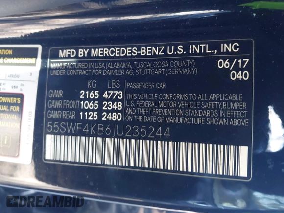 2018 Mercedes-Benz C 300 with VIN 55SWF4KB6JU235244, listed as a IAAI auction lot 41974700 with 76,134 mi miles and . Bid and sale history available at DreamBid. Image 9.
