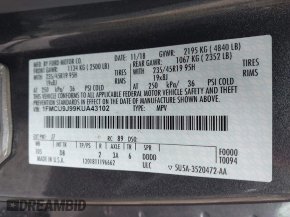 2019 Ford Escape Titanium с VIN 1FMCU9J99KUA43102, выставлен на аукционе IAAI как лот 42146907 с пробегом 91 724 миль миль и . История ставок и продаж доступна на DreamBid. Изображение 9.