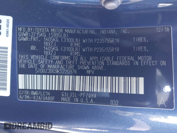 2019 Toyota Sienna XLE with VIN 5TDDZ3DC9KS220976, listed as a IAAI auction lot 41667049 with 92,568 mi miles and . Bid and sale history available at DreamBid. Image 9.