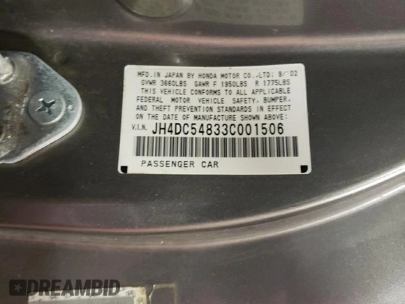 2003 Acura RSX with VIN JH4DC54833C001506, listed as a Copart auction lot 57730144 with 154,206 mi miles and Salvage Title. Bid and sale history available at carsss.com. Image 13.