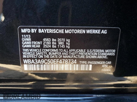 2014 BMW 3 Series 335i with VIN WBA3A9C50EF478734, listed as a Copart auction lot 83449634 with 107,723 mi miles and Salvage Title. Bid and sale history available at carsss.com. Image 13.