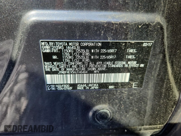 2017 Toyota RAV4 LE with VIN JTMBFREV5HJ146464, listed as a Copart auction lot 61841125 with 125,365 mi miles and Salvage title. Bid and sale history available at DreamBid. Image 12.