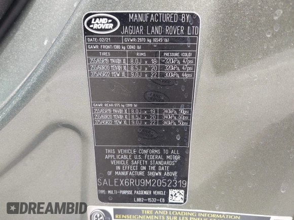 2021 Land Rover Defender with VIN SALEX6RU9M2052319, listed as a IAAI auction lot 42378394 with 30,822 mi miles and . Bid and sale history available at DreamBid. Image 9.