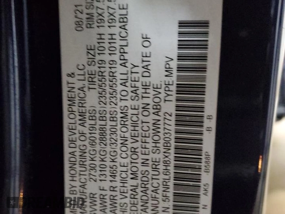 2022 Honda Odyssey Touring with VIN 5FNRL6H8XNB037772, listed as a Copart auction lot 52757215 with 358,099 mi miles and Salvage Title. Bid and sale history available at DreamBid. Image 13.