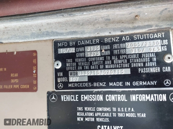 1983 Mercedes-Benz 380 SL z VIN WDBBA45A1DB020815, wystawiony jako IAAI lot #42548157 z przebiegiem 104 615 mil mil oraz . Historia ofert i sprzedaży dostępna na DreamBid. Obrazek 9.
