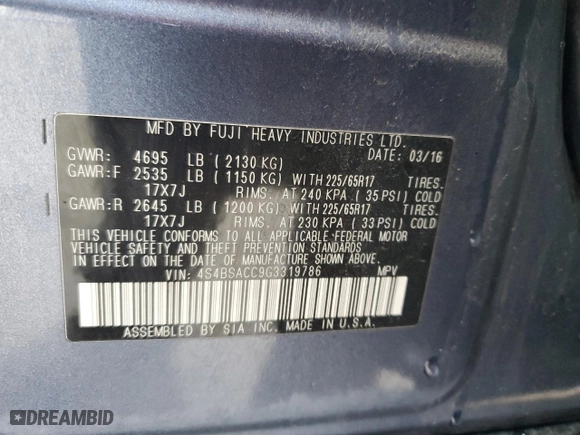 2016 Subaru Outback 2.5i Premium with VIN 4S4BSACC9G3319786, listed as a Copart auction lot 85686324 with 181,061 mi miles and Salvage Title. Bid and sale history available at carsss.com. Image 15.