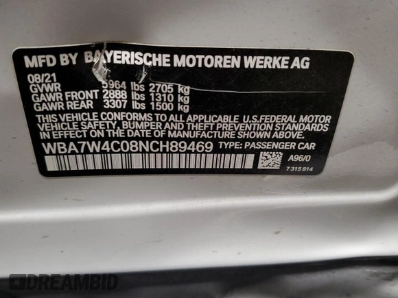 2022 BMW 7 Series with VIN WBA7W4C08NCH89469, listed as a Copart auction lot 54008785 with Not provided miles and Salvage title. Bid and sale history available at DreamBid. Image 13.