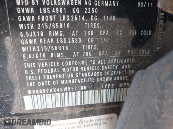2011 Volkswagen Tiguan SEL with VIN WVGBV7AX4BW552160, listed as a IAAI auction lot 41507235 with 133,139 mi miles and . Bid and sale history available at DreamBid. Image 9.