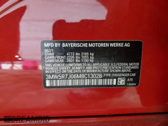 2021 BMW 3 Series 330i xDrive with VIN 3MW5R7J06M8C13028, listed as a Copart auction lot 62850925 with 47,968 mi miles and Salvage title. Bid and sale history available at DreamBid. Image 12.