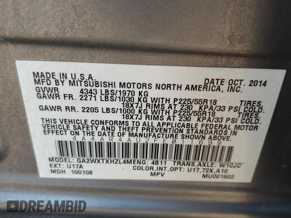 2015 Mitsubishi Outlander SE with VIN 4A4AR4AU2FE011699, listed as a Copart auction lot 60509945 with 141,192 mi miles and Salvage title. Bid and sale history available at DreamBid. Image 13.