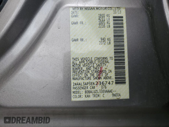 2014 Nissan Altima 2.5 with VIN 1N4AL3AP3EN236747, listed as a Copart auction lot 51985365 with 14,785 mi miles and Salvage Title. Bid and sale history available at carsss.com. Image 12.