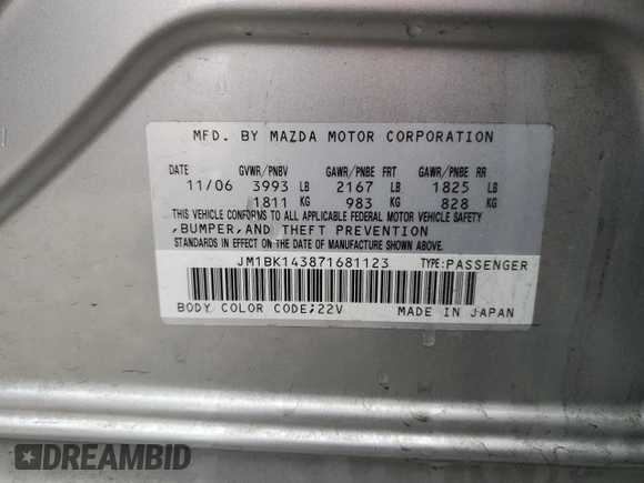2007 Mazda 3 S Sport with VIN JM1BK143871681123, listed as a Copart auction lot 53554495 with 94,525 mi miles and Salvage Title. Bid and sale history available at DreamBid. Image 15.