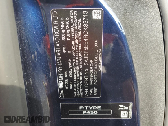 2024 Jaguar F-Type with VIN SAJDF5EE4RCK83713, listed as a Copart auction lot 74660014 with Not Provided miles and Non Repairable. Bid and sale history available at DreamBid. Image 13.