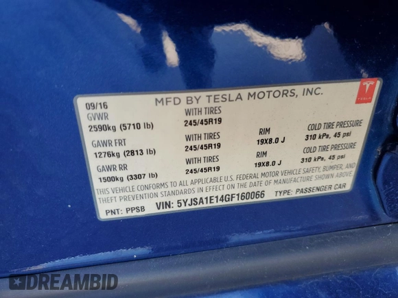 2016 Tesla Model S 70 with VIN 5YJSA1E14GF160066, listed as a Copart auction lot 62452545 with 79,860 mi miles and Salvage title. Bid and sale history available at DreamBid. Image 13.