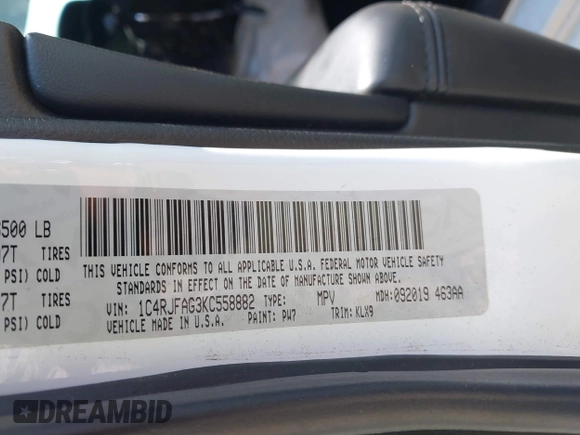 2019 Jeep Grand Cherokee Laredo E with VIN 1C4RJFAG3KC558882, listed as a IAAI auction lot 42567252 with Not provided miles and . Bid and sale history available at DreamBid. Image 9.