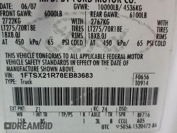 2008 Ford F-250 XL z VIN 1FTSX21R78EB83683, wystawiony jako Copart lot #59397325 z przebiegiem 230 601 mil mil oraz Szkoda całkowita • Salvage title. Historia ofert i sprzedaży dostępna na DreamBid. Obrazek 12.