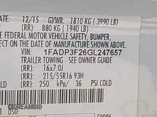 2016 Ford Focus SE with VIN 1FADP3F26GL247657, listed as a IAAI auction lot 42590097 with 37,851 mi miles and . Bid and sale history available at DreamBid. Image 9.