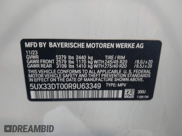 2024 BMW X4 xDrive30i with VIN 5UX33DT00R9U63349, listed as a IAAI auction lot 42322299 with 23,526 mi miles and . Bid and sale history available at DreamBid. Image 9.