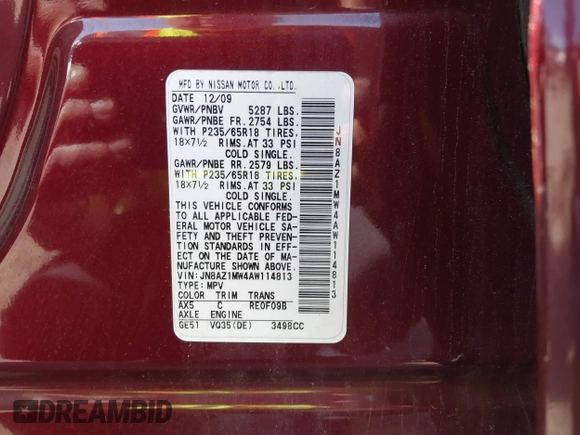 2010 Nissan Murano SL z VIN JN8AZ1MW4AW114813, wystawiony jako IAAI lot #42169715 z przebiegiem 142 402 mil mil oraz . Historia ofert i sprzedaży dostępna na DreamBid. Obrazek 9.