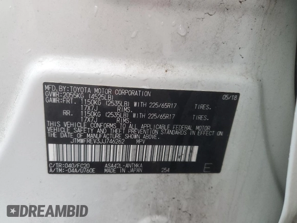 2018 Toyota RAV4 XLE with VIN JTMWFREV3JJ746262, listed as a Copart auction lot 51811035 with 84,319 mi miles and Salvage Title. Bid and sale history available at DreamBid. Image 13.