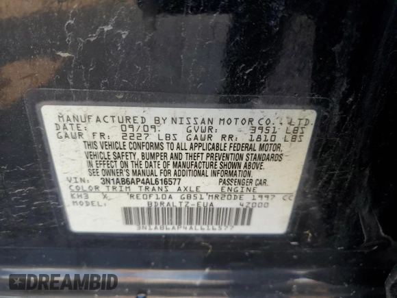 2010 Nissan Sentra S z VIN 3N1AB6AP4AL616577, wystawiony jako Copart lot #56825575 z przebiegiem 132 247 mil mil oraz Czysty tytuł • Clean title. Historia ofert i sprzedaży dostępna na DreamBid. Obrazek 12.