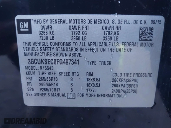 2015 Chevrolet Silverado 1500 LTZ with VIN 3GCUKSEC0FG497341, listed as a IAAI auction lot 41829608 with 96,805 mi miles. Bid and sale history available at carsss.com. Image 9.