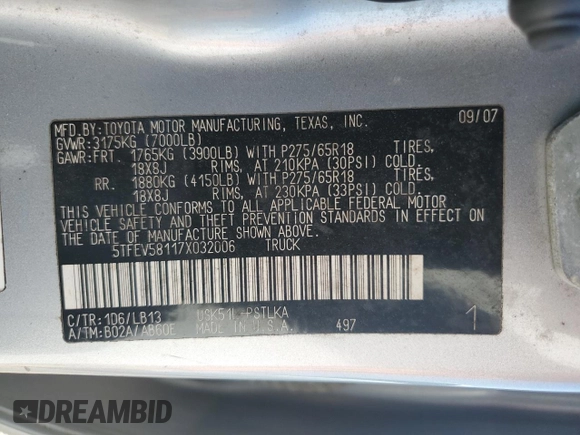 2007 Toyota Tundra Limited with VIN 5TFEV58117X032006, listed as a Copart auction lot 50069195 with 194,921 mi miles and Clean Title. Bid and sale history available at DreamBid. Image 12.