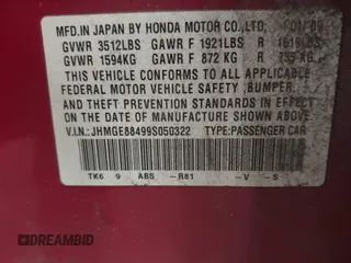 2009 Honda Fit Sport with VIN JHMGE88499S050322, listed as a IAAI auction lot 41781879 with 1 mi miles. Bid and sale history available at carsss.com. Image 9.