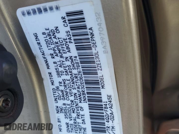 2006 Toyota Corolla CE with VIN 1NXBR32E06Z676874, listed as a Copart auction lot 61977435 with 204,445 mi miles and Salvage title. Bid and sale history available at DreamBid. Image 12.
