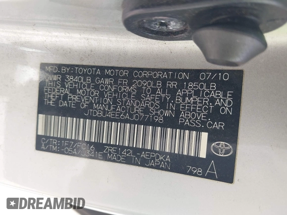 2010 Toyota Corolla z VIN JTDBU4EE6AJ077198, wystawiony jako IAAI lot #42519728 z przebiegiem 230 465 mil mil oraz . Historia ofert i sprzedaży dostępna na DreamBid. Obrazek 9.