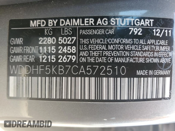 2012 Mercedes-Benz E 350 Luxury with VIN WDDHF5KB7CA572510, listed as a Copart auction lot 61832655 with 190,663 mi miles and Clean title. Bid and sale history available at DreamBid. Image 12.