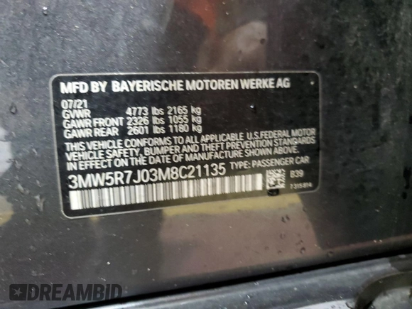 2021 BMW 3 Series 330i xDrive with VIN 3MW5R7J03M8C21135, listed as a Copart auction lot 60103245 with Not provided miles and Salvage title. Bid and sale history available at DreamBid. Image 13.