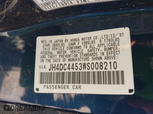 1998 Acura Integra LS z VIN JH4DC4453WS008210, wystawiony jako IAAI lot #42099982 z przebiegiem 143 043 mil mil oraz . Historia ofert i sprzedaży dostępna na DreamBid. Obrazek 9.