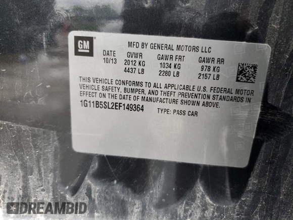 2014 Chevrolet Malibu LS with VIN 1G11B5SL2EF149364, listed as a Copart auction lot 54675135 with 96,940 mi miles and Salvage Title. Bid and sale history available at DreamBid. Image 12.