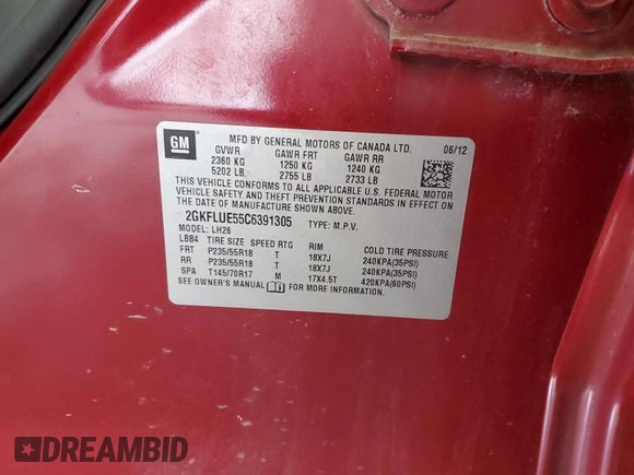 2012 GMC Terrain SLT-1 z VIN 2GKFLUE55C6391305, wystawiony jako Copart lot #60551055 z przebiegiem 109 540 mil mil oraz Czysty tytuł • Clean title. Historia ofert i sprzedaży dostępna na DreamBid. Obrazek 13.