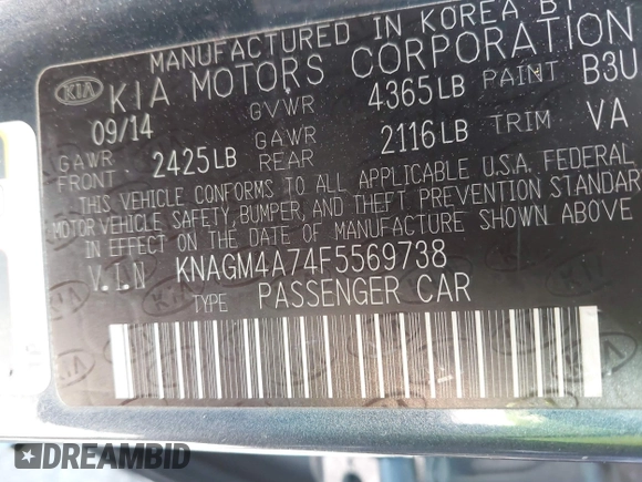 2015 Kia Optima LX with VIN KNAGM4A74F5569738, listed as a IAAI auction lot 41980622 with 161,434 mi miles. Bid and sale history available at carsss.com. Image 9.
