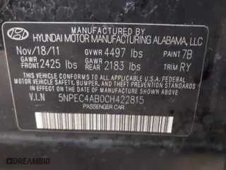 2012 Hyundai Sonata 2.0T SE with VIN 5NPEC4AB0CH422815, listed as a IAAI auction lot 41347326 with 272,379 mi miles. Bid and sale history available at carsss.com. Image 9.