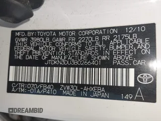 2011 Toyota Prius I with VIN JTDKN3DU3B0266401, listed as a IAAI auction lot 41951276 with 222,102 mi miles and . Bid and sale history available at DreamBid. Image 9.