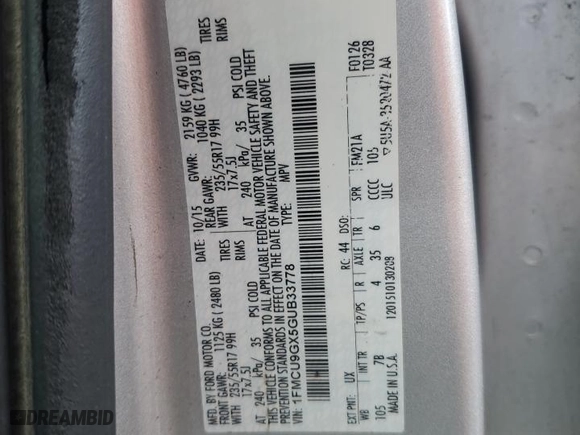 2016 Ford Escape SE with VIN 1FMCU9GX5GUB33778, listed as a Copart auction lot 52926825 with 121,282 mi miles and Salvage Title. Bid and sale history available at carsss.com. Image 15.