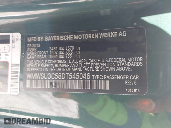 2013 MINI Hardtop with VIN WMWSU3C58DT545046, listed as a IAAI auction lot 42665896 with 60,973 mi miles and . Bid and sale history available at DreamBid. Image 9.