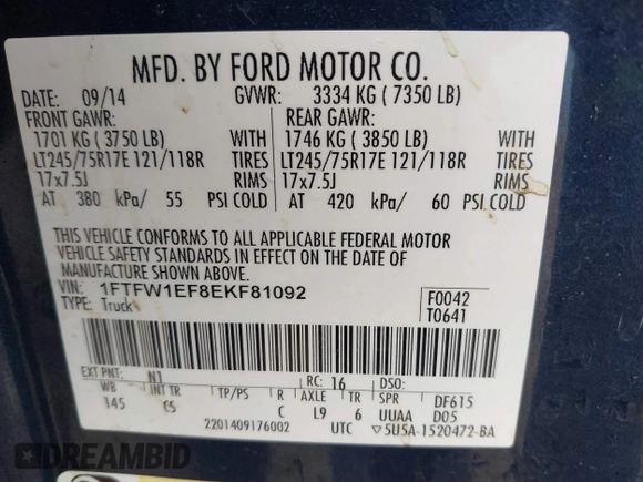 2014 Ford F-150 XL with VIN 1FTFW1EF8EKF81092, listed as a IAAI auction lot 40885506 with 286,885 mi miles. Bid and sale history available at carsss.com. Image 9.