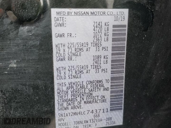 2020 Nissan Rogue S with VIN 5N1AT2MV4LC743711, listed as a Copart auction lot 52316565 with 73,549 mi miles and Salvage Title. Bid and sale history available at carsss.com. Image 13.